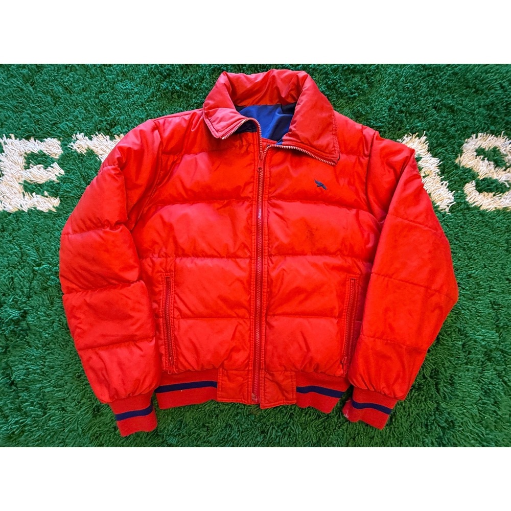 Vintage Puffer Jacket Mens XL Red Good Quilted Zip Up Striped Trim Bird Logo